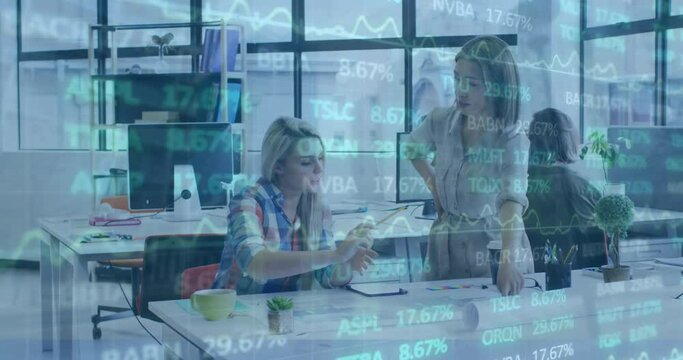 Animation of trading board over diverse female architects discussing blueprint in office - Powered by Adobe