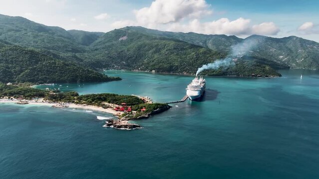 Labadie, Haiti - 31 July 2023: Aerial view of a cruise ship docked at the pier in Cap-Haitien, Haiti.