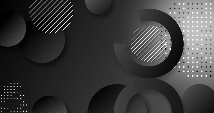 Abstract geometrical shapes animated motion graphics background. Assorted black color circle, circle rings, dots and oulines rotating and moving over black background. 
