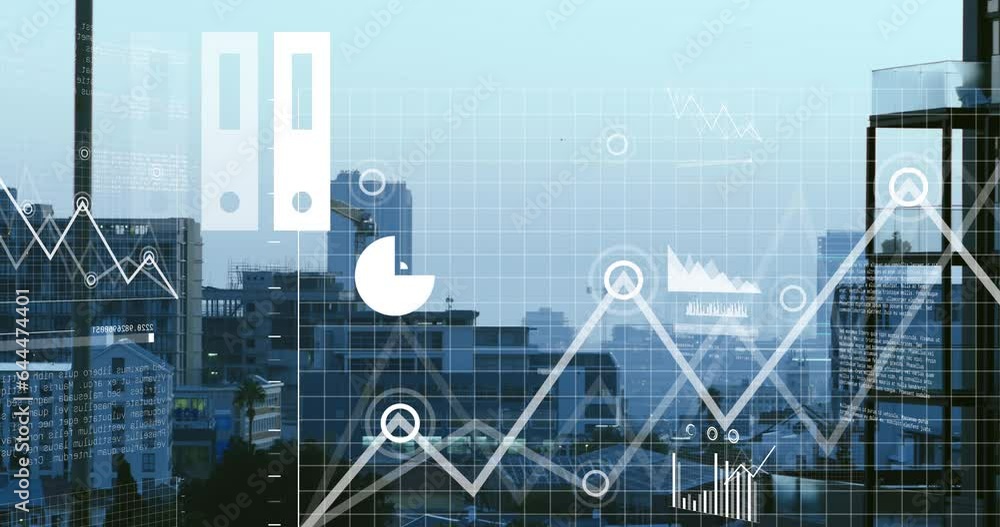 Aufkleber animation of multiple graphs and map over modern buildings against sky