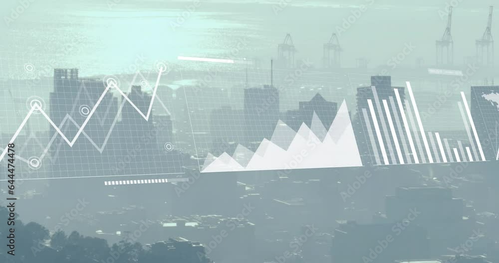 Poster animation of graphs, loading bars and map over modern cityscape against cloudy sky