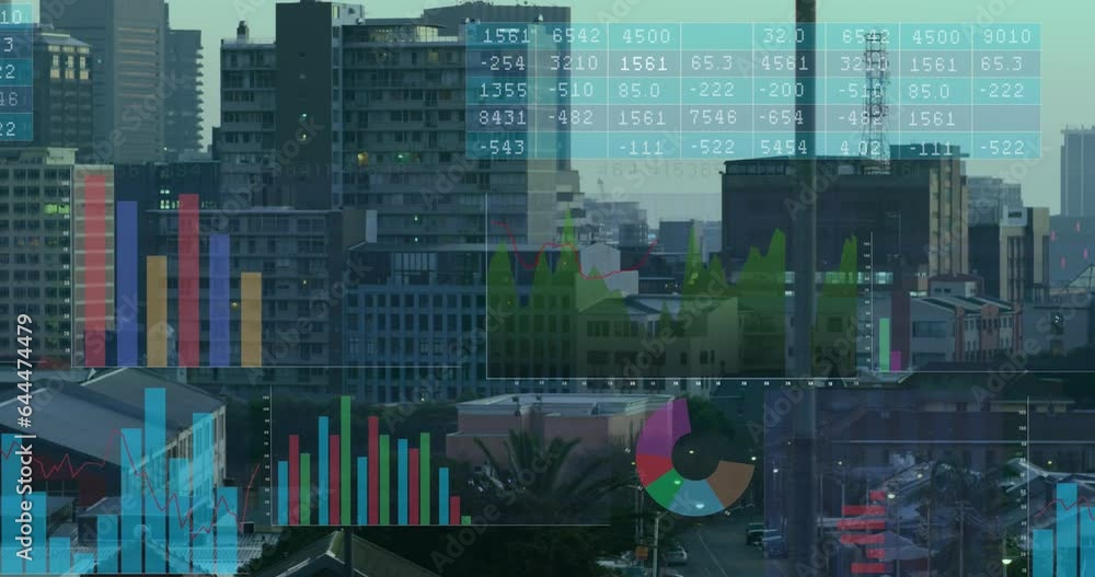 Poster animation of multicolored graphs and number charts over modern buildings against sky