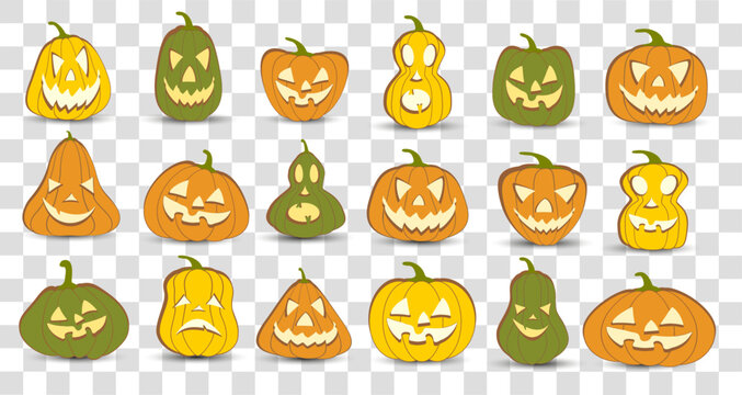 Halloween pumpkin lantern vector 18 icons set, Emotion Variation. Simple flat style design elements. Set of silhouette spooky horror images of pumpkins. Scary Jack-o-lantern facial expressions