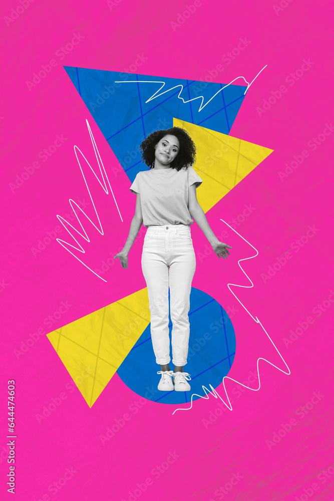 Sticker Vertical collage of black white colors clueless girl shrug shoulders isolated on painted vibrant pink paper background