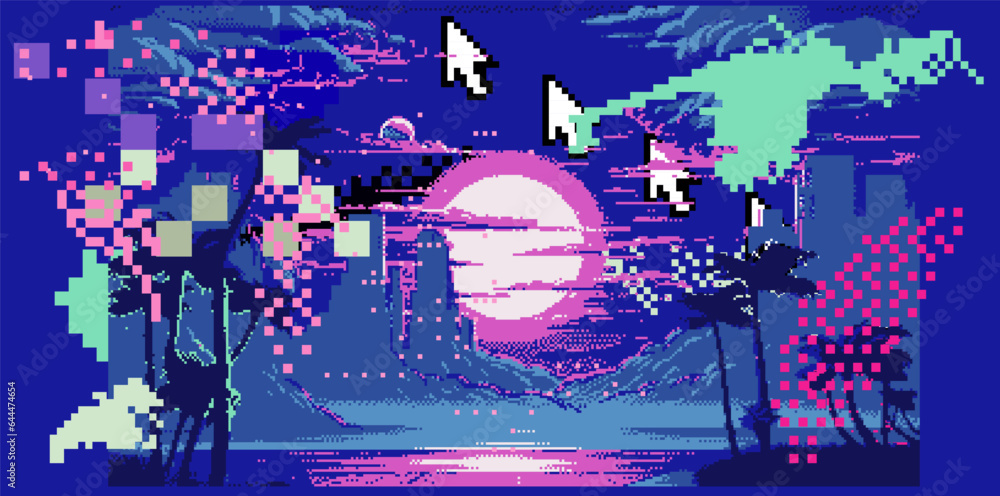 Poster Synthwave retro 8-bit pixel art landscape with palms and moon in neon colors.