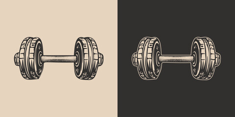 Set of vintage retro barbell. Gym fit powerlifting bodybuilding inspirational strong life power motivation. Graphic Art. Vector. Illustration