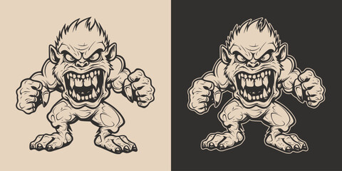 Vintage retro Halloween monster beast spooky scary horror element. Monochrome Graphic Art. Vector. Hand drawn element in engraving. style © Graphic Warrior