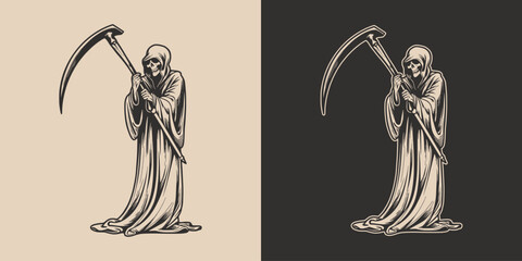 Vintage retro Halloween reaper death with scythe scary horror element. Monochrome Graphic Art. Vector. Hand drawn element in engraving. style