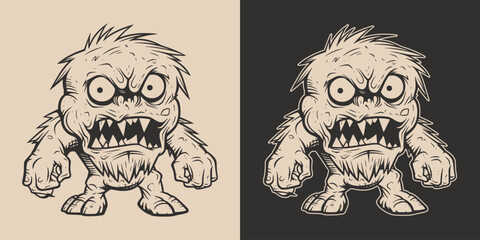 Vintage retro Halloween monster beast spooky scary horror element. Monochrome Graphic Art. Vector. Hand drawn element in engraving. style
