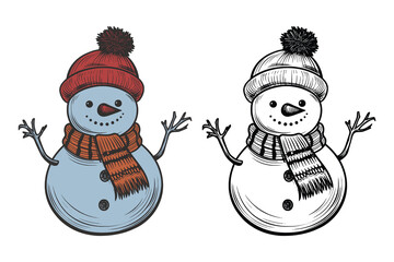 Set of vintage retro snowman snowflakes character with hat and carrot and scarf. Merry christmas xmas new year holiday halloween poster. Graphic Art. Engraving vector illustration
