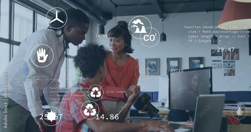 Poster animation of multiple icons, computer language over diverse coworkers discussing on desk in office