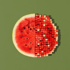 Fresh watermelon cut into small cubes on a green background