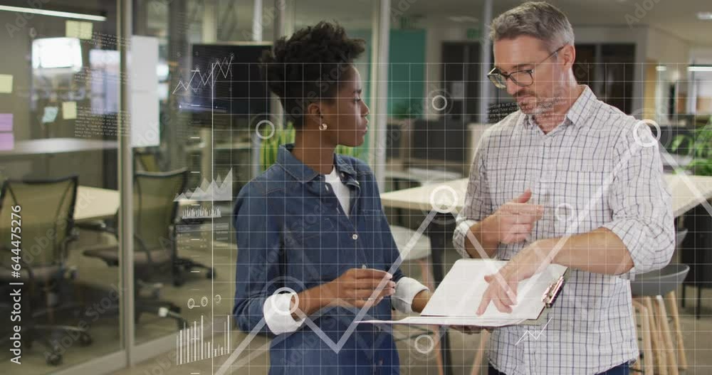 Poster animation of multiple graphs, map, loading bars, diverse coworkers standing and discussing in office
