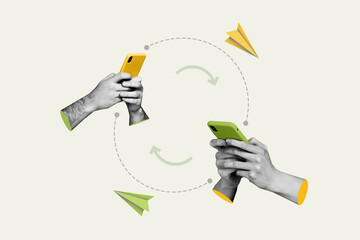 Collage retro pop picture of human arms holding phone typing answer social media chat messenger...