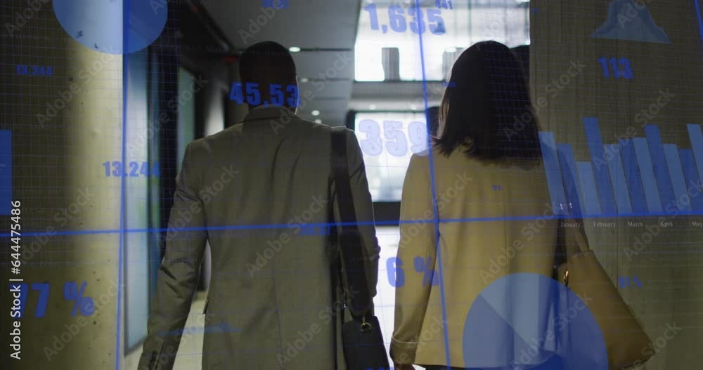 Poster animation of graphs and changing numbers, diverse coworkers discussing while walking out of office