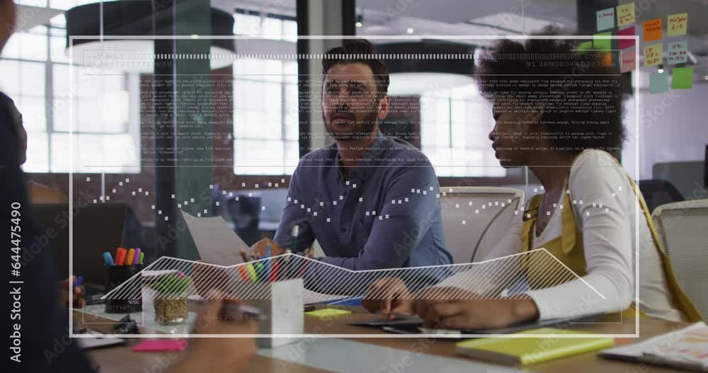 Poster animation of multiple graphs and loading bar over diverse coworkers sharing ideas in office