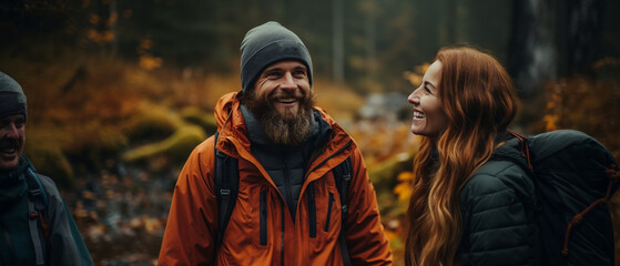 portrait of a couple of friends admiring nature in autumn / fall - obrazy, fototapety, plakaty