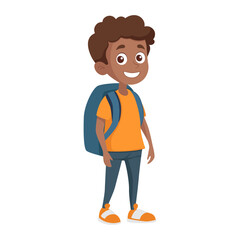 Boy with backpack going to school. Pupil cartoon character. Back to school concept. Isolated vector illustration