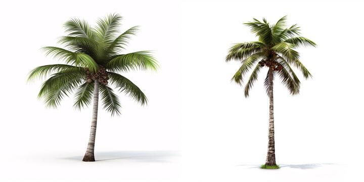 Captured in isolation against a white canvas, behold the coconut palm tree, a quintessential tropical specimen