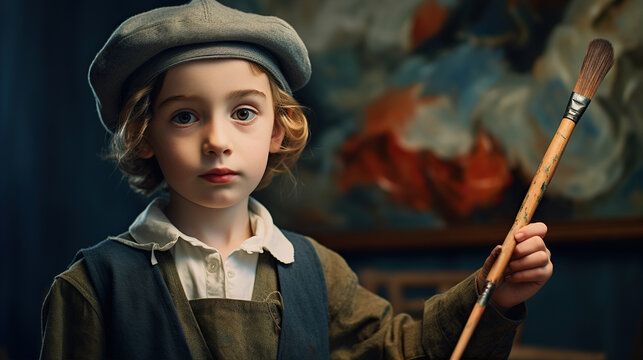 Inspired Artist: A  child wearing a beret and holding a paintbrush