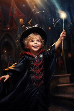 Little Magician: An image of a child in a magician's cape, waving a magic wand with glee and delighting in their enchanting tricks