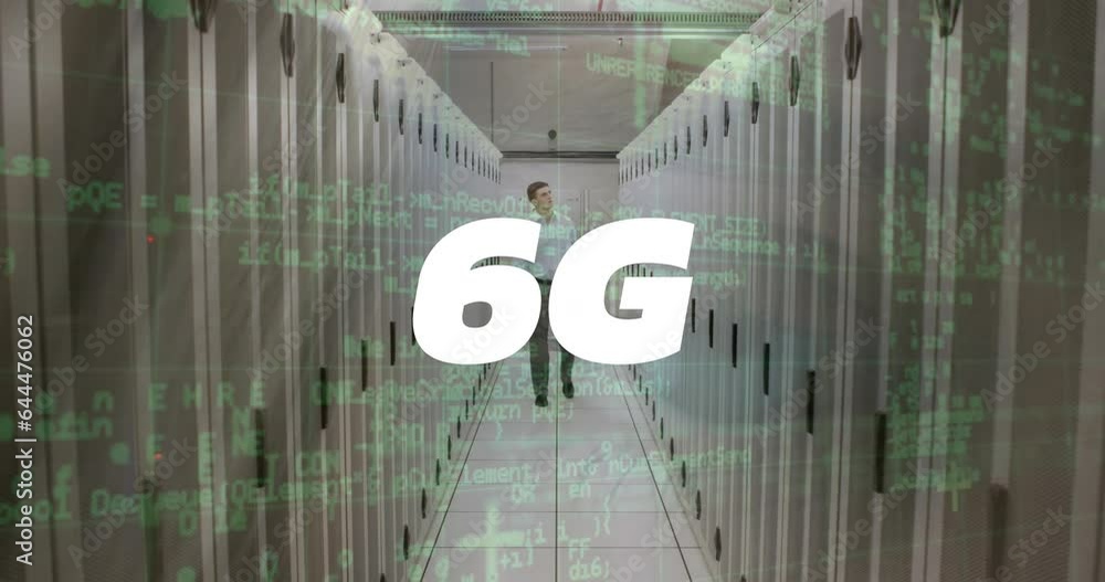 Poster animation of 6g text and computer language over caucasian man walking in data server room