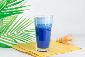 Blue matcha latte drink made from clitoria flowers with coconut milk a palm branch background. Healthy drink, lactose, gluten and sugar free.