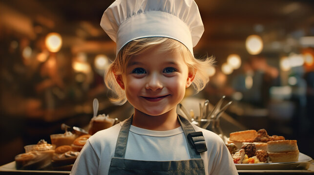 Junior Chef: A close-up of a child wearing a chef's hat and apron