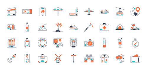 Travel icon set. Summer vacations and holiday symbol vector illustration. Collection of traveling and tourism elements.	
