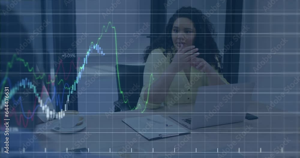 Poster animation of multiple graphs and grid over biracial businesswoman with laptop explaining in meeting