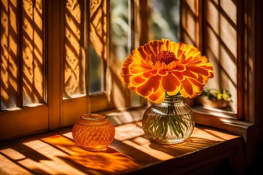 A captivating still life photograph of a marigold flower in a vintage glass vase, placed near a sunlit window - AI Generative