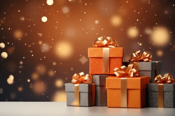 Photo of christmas gift boxes with bows on a festive background - created with Generative AI technology