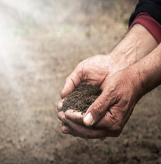Man's hands holding a handful of earth
