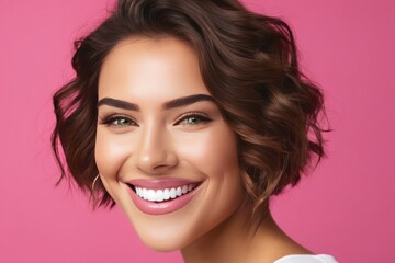 Portrait beautiful model woman with white teeth smile, healthy long hair and beauty skin on pink background. Concept of advertising dentist and facial care. Generative AI
