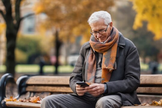 Old grizzled man looks at the smartphone sitting on public bench on autumn day. Generative AI