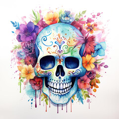 watercolour bright sugar skull with flowers 