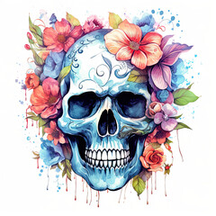 watercolour bright sugar skull with flowers 