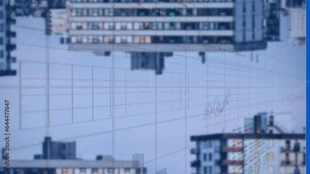 Poster animation of multiple graphs and trading boards over up side down modern buildings