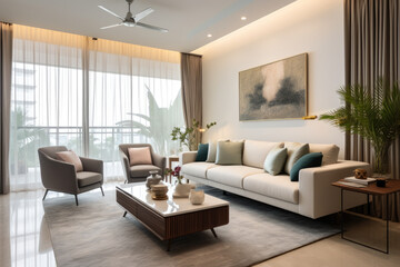 Fototapeta na wymiar A Serene Oasis: Step into the Tranquil Beauty of a Modern Living Room Interior in Tancolors