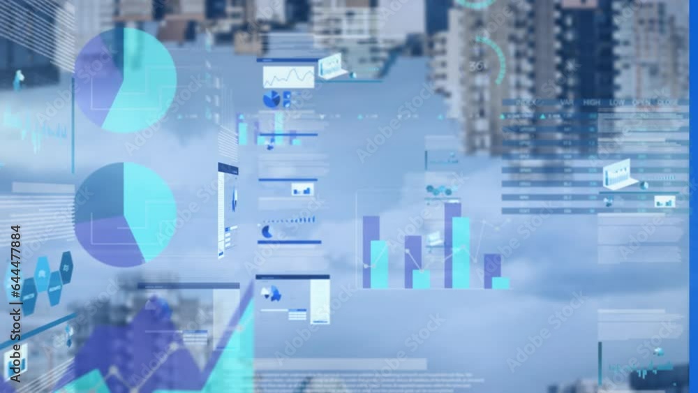 Poster animation of multiple graphs and trading board over upside down buildings against cloudy sky