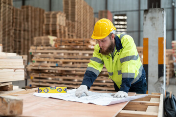 Male engineer look at blueprint inspects laying and alignment of wooden planks for making wooden pallets in warehouse