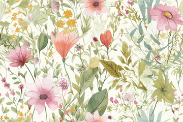 Vector art beautiful seamless pattern flowers and leaves watercolor.