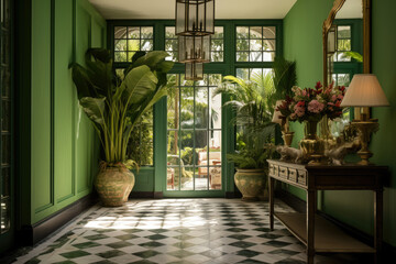 A Serene Tropical Escape: Discover the Exquisite Beauty of a Luxurious Hallway with Lush Greenery, Vibrant Colors, and Exotic Décor