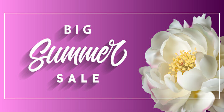 Floral template for summer sale design. White realistic peony on pink background