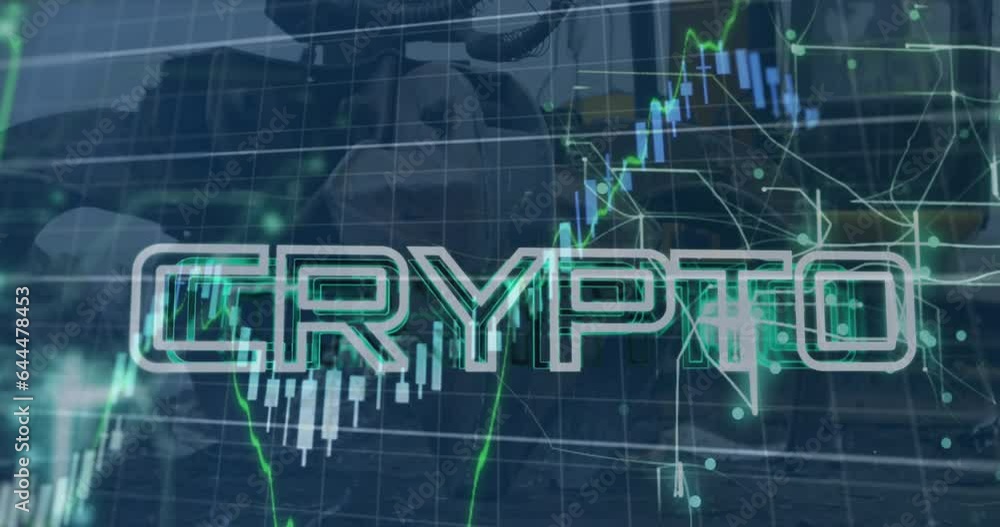 Aufkleber animation of graphs, crypto text over close up of claw of crane moving in junkyard