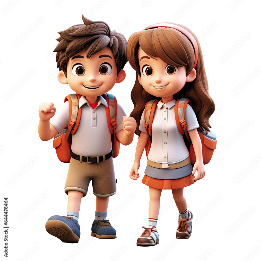 Wall mural 3D cartoon happy boy and girl character on transparent background. Generative AI