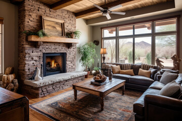 A Cozy Southwestern Style Living Room Interior with Rustic Elements and Warm Earthy Tones