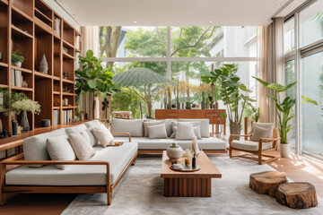 A Serene and Elegant Asian-Inspired Living Room Interior with Harmonious Decor and Zen Vibes