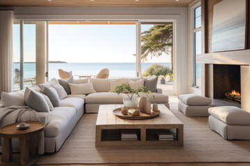Fototapeta premium A Serene and Stylish Coastal Haven: A Contemporary Living Room Interior with a Coastal Twist