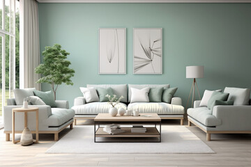 A Serene and Modern Living Room Interior in Soothing Gray and Refreshing Mint Green Colors